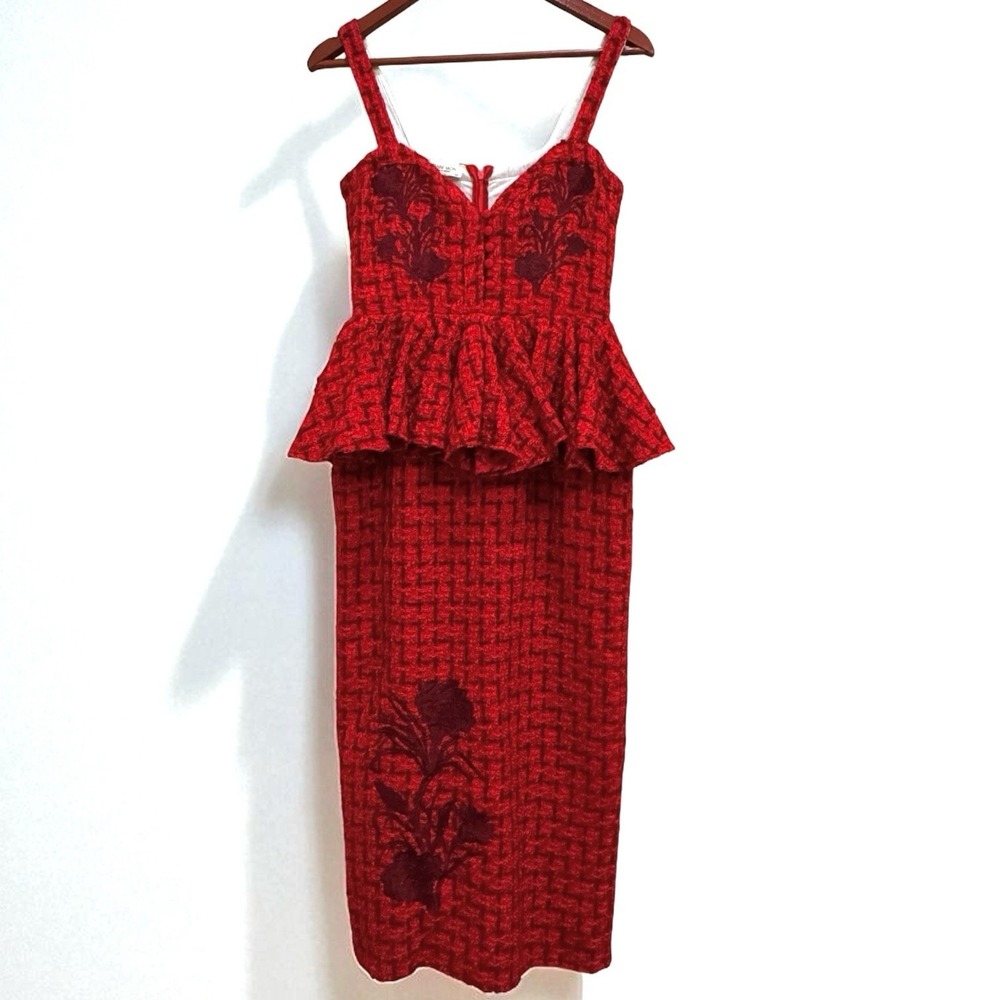 Fanm Mon Peplum Tweed Maxi Pencil‎ Dress in Red XS Embroidered Corset Bodice